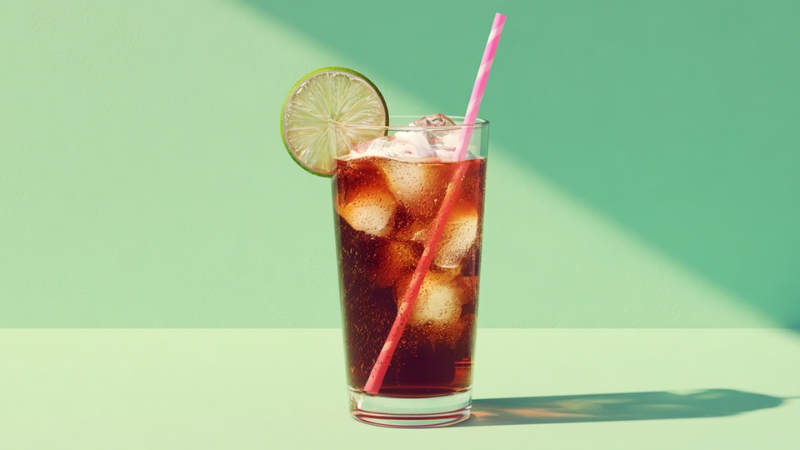 A Dirty Dr Pepper served in a tall glass with ice, lime slice, and a pink straw