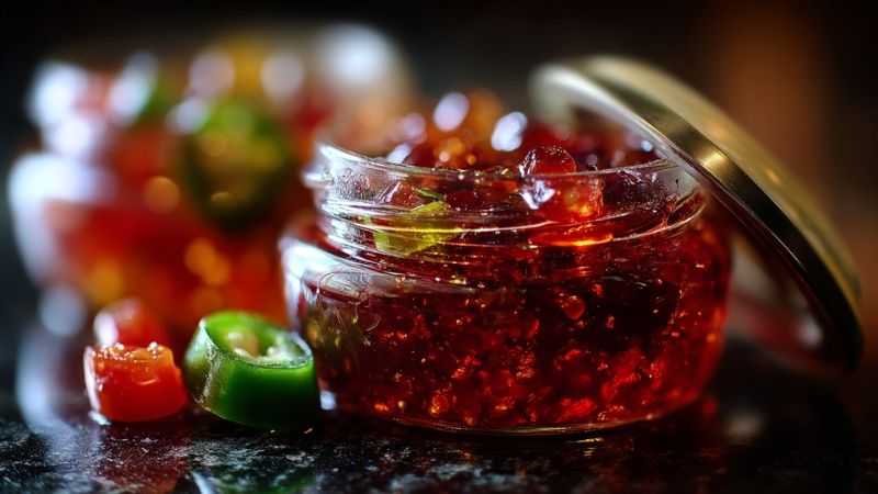 A glass jar filled with vibrant jalapeño jelly sits open on a dark surface, with chopped peppers scattered nearby