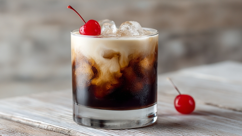 Dirty Dr Pepper cocktail in a glass with ice, cream swirls, and a cherry garnish