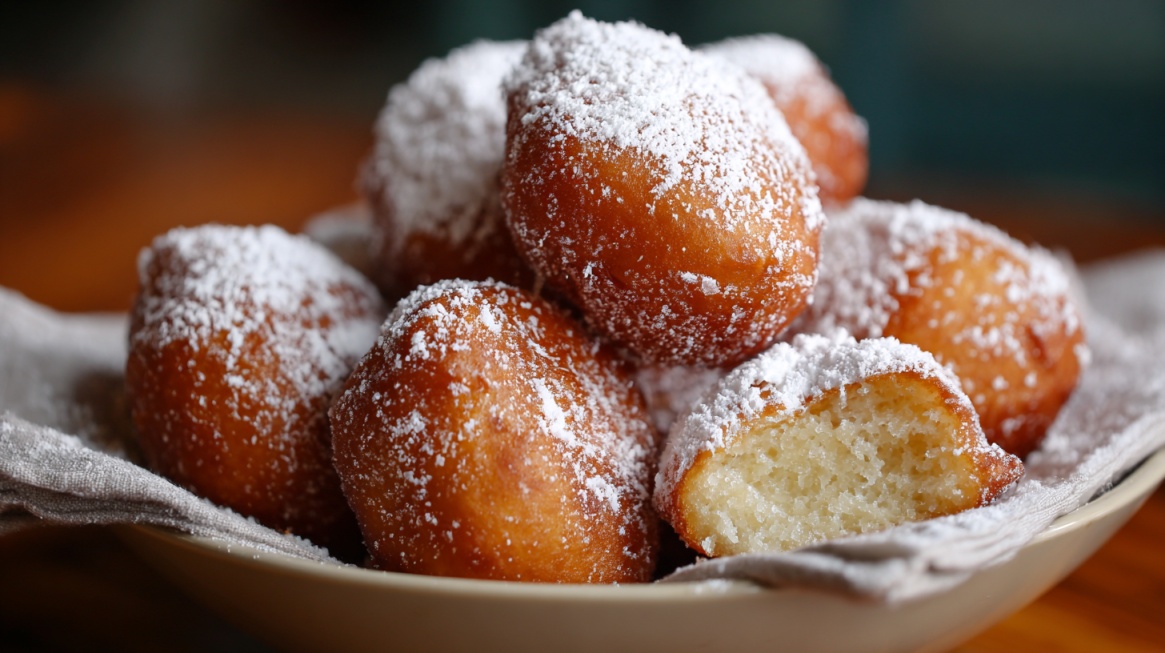 Plate of powdered sugar-coated malasadas, one cut open to reveal a light and fluffy interior