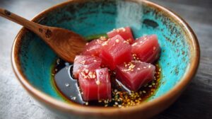 Cubed ahi tuna in a bowl with soy based sauce and sesame seeds