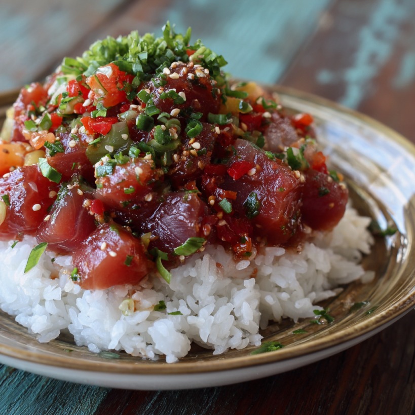Bowl of ahi poke with diced tuna, sesame seeds, green onions, and rice