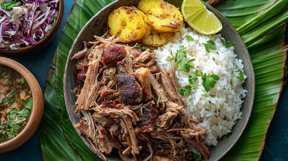 Bowl of shredded Kalua pork served with white rice, grilled pineapple, and lime wedges on banana leaves