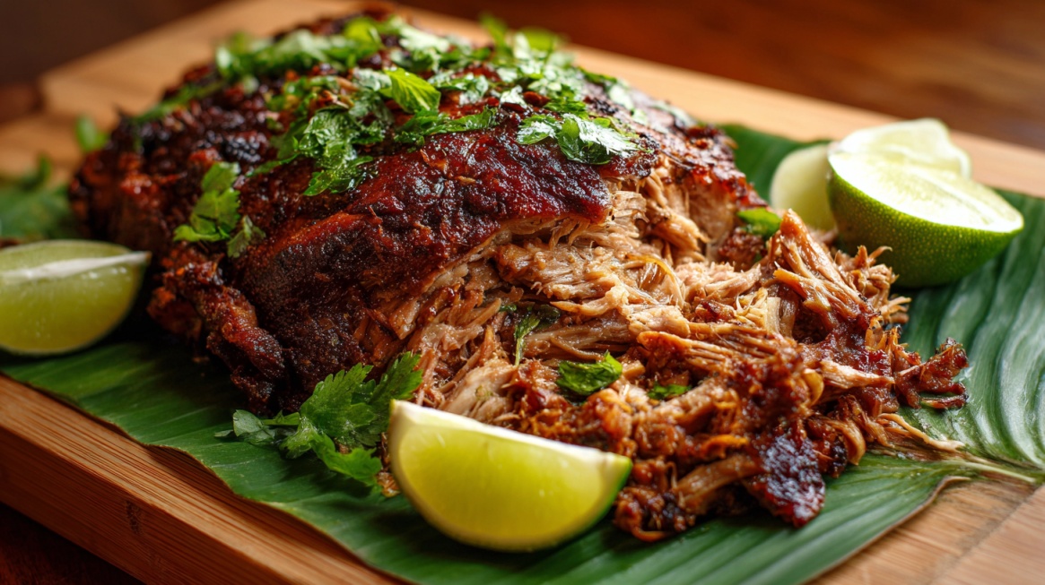 Hawaiian-style Kalua pork served on banana leaves with lime wedges and herbs