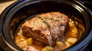 Seasoned pork roast cooking in a slow cooker with broth and vegetables
