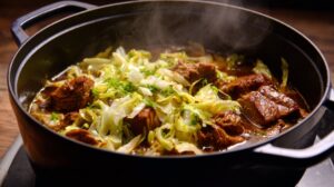 Pot of Kalua pork cooking with cabbage in a savory broth.
