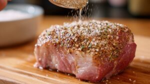 Raw pork roast being seasoned with salt and spices on a cutting board