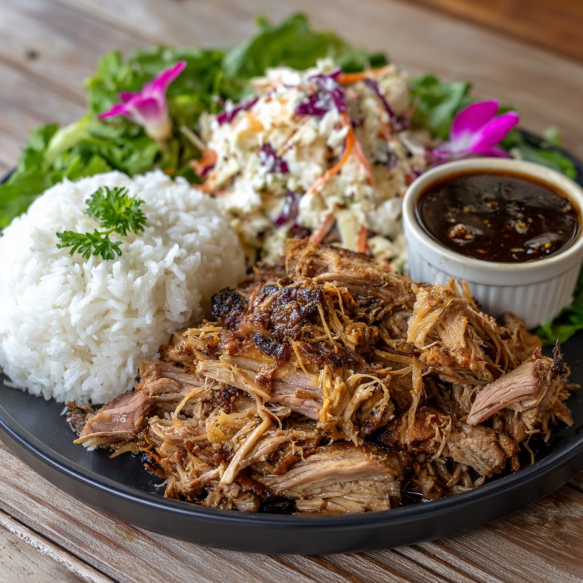 Plate of shredded Kalua pork with white rice, salad, and dipping sauce