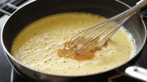 Whisk stirring brown gravy in a pan on the stove