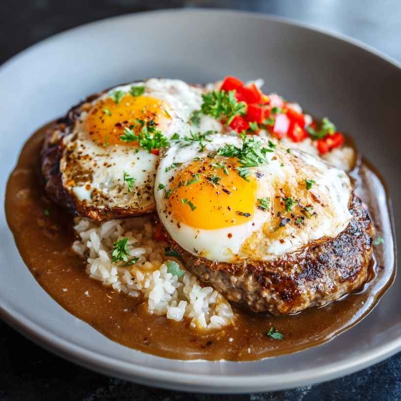 Plate of loco moco with rice hamburger patty gravy and fried eggs