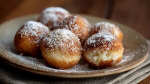 Plate of sugar-dusted malasadas, one cut open to reveal a creamy filling inside