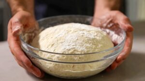 Hands holding a bowl with smooth, risen dough lightly dusted with flour