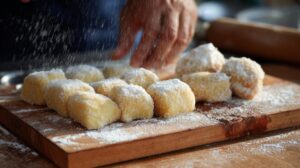 Small pieces of dough arranged on a floured surface, lightly coated with powdered sugar or flour