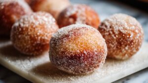 Close-up of freshly fried malasadas coated in granulated sugar, showing a golden-brown crust