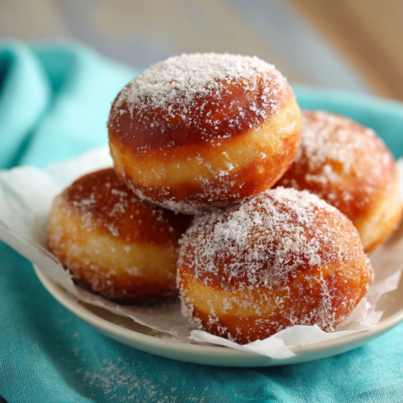 Plate of round, sugar-coated malasadas stacked together, showing their golden-brown exterior