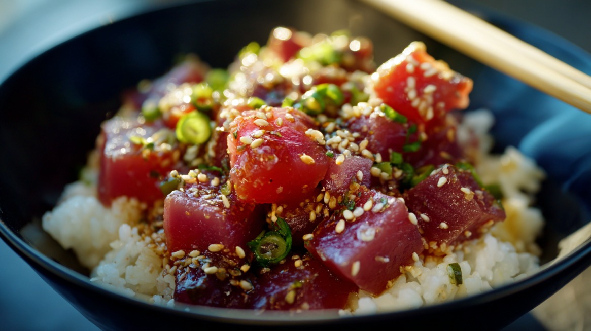 Bowl of ahi poke with cubed tuna, sesame seeds, green onions, and rice