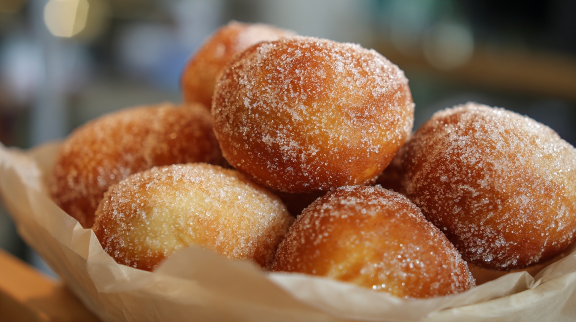 Basket of round, sugar-dusted malasadas with a golden-brown exterior