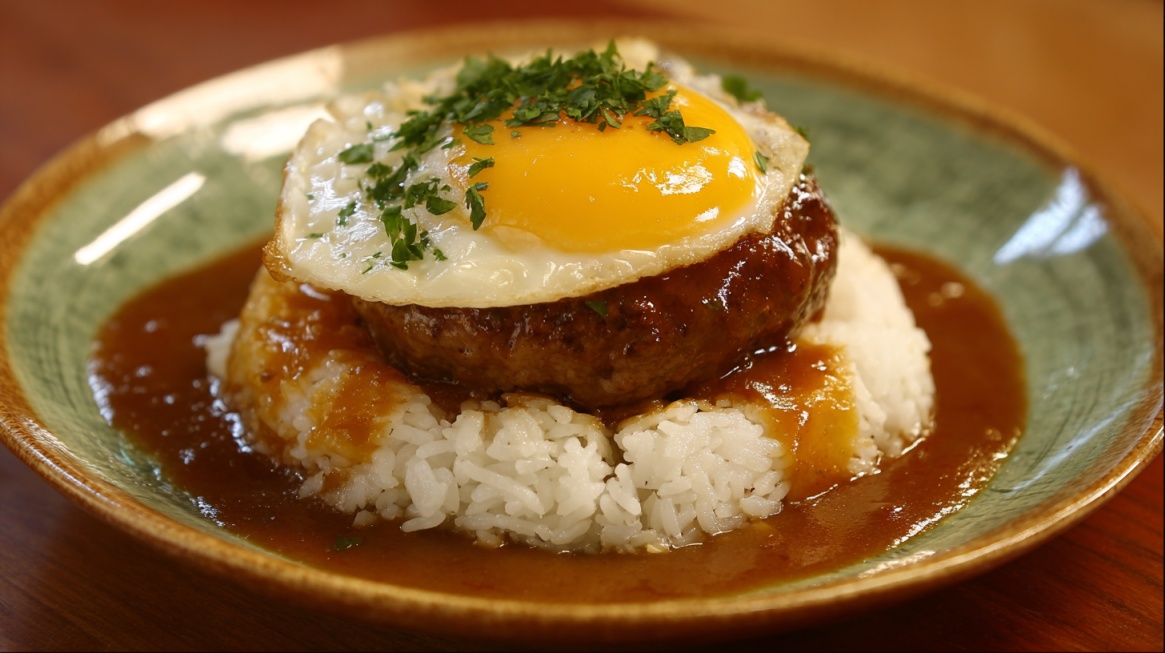 Loco moco with rice hamburger patty brown gravy and fried egg on top